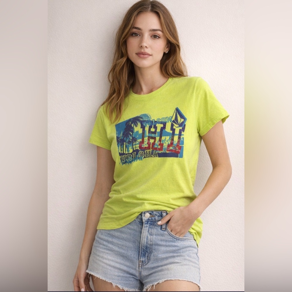 Y2k Volcom Lime Green Tropical Graphic T-Shirt womens Large